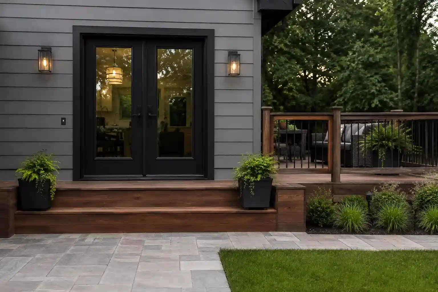 Black fiberglass French-style double doors with tall glass panels and lanterns on either side, opening onto a wood deck and stone patio