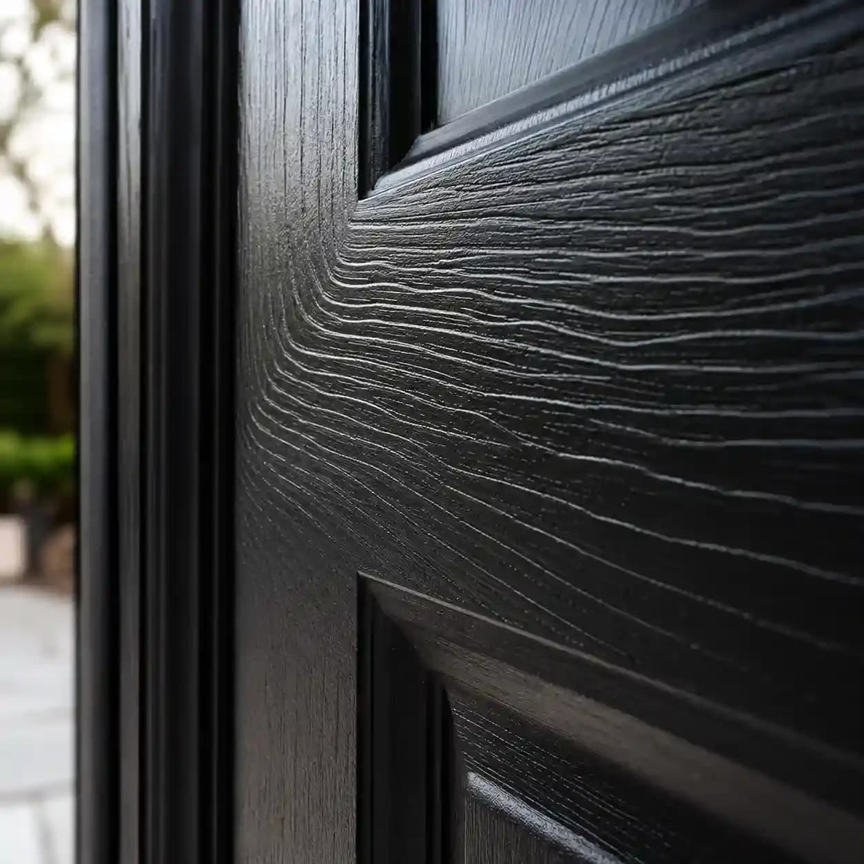 Close-up of a black fiberglass door surface with embossed wood grain running around a raised panel edge