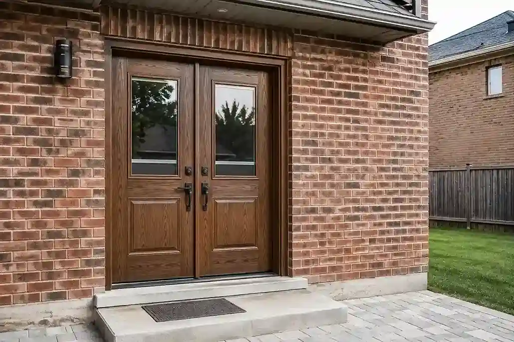 Wood-grain fiberglass double door with glass panels set in a red brick wall, with a concrete step and patio outside