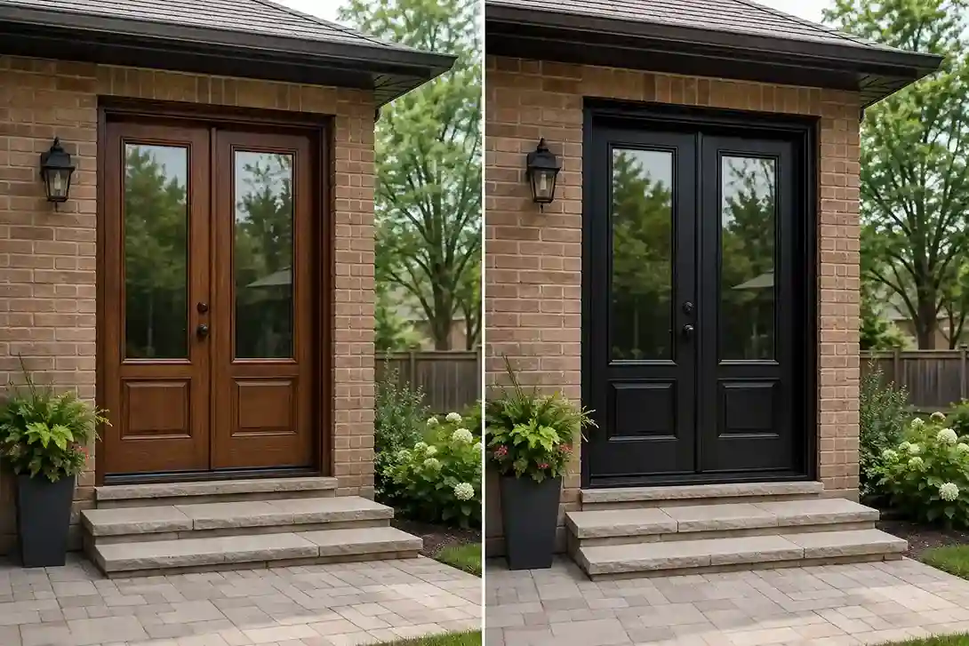 The same double back door opening shown in a wood-tone finish on the left and a solid black finish on the right, on a brick home