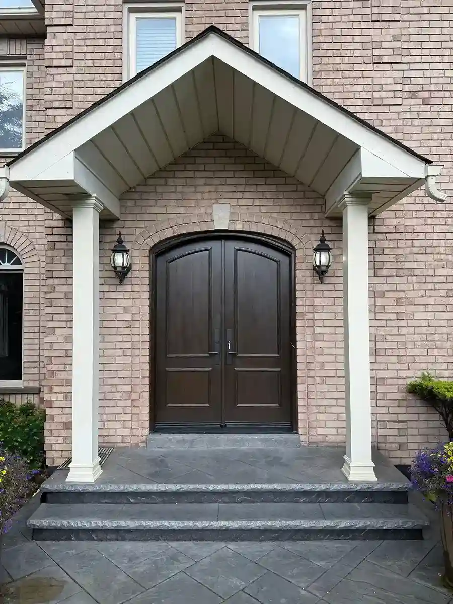 Arched Espresso Double Doors, Brick Home Entrance