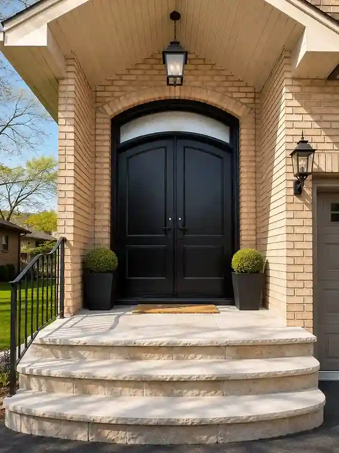 Black Arched Double Door with Elliptical Transom in Brick Archway