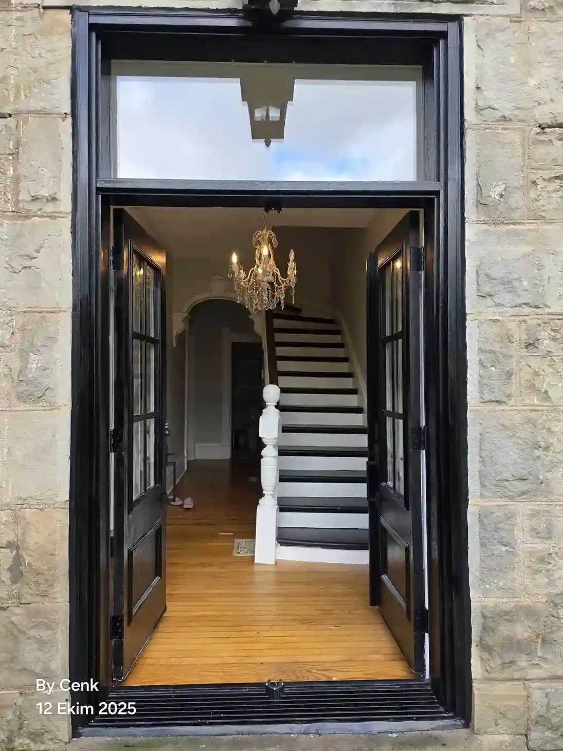 Black Double Doors Open, Elegant Foyer Entrance
