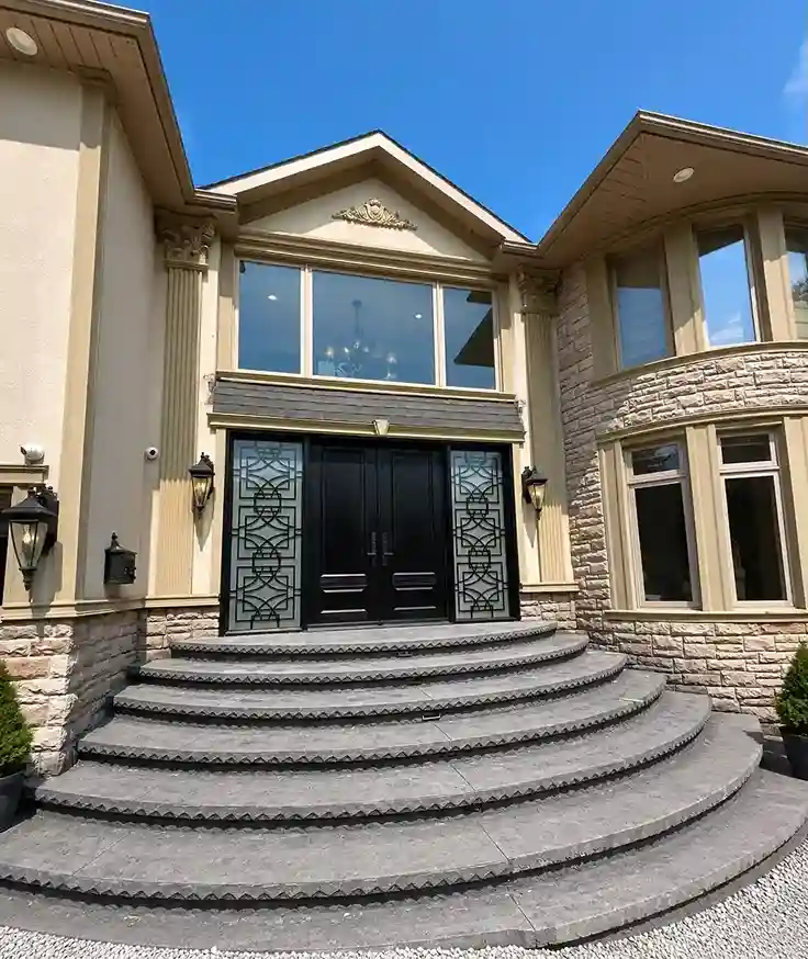 Black Double Entry Doors with Decorative Iron Sidelights, Luxury Home