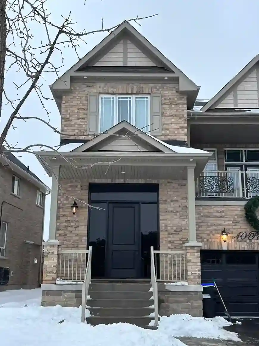 Black Two-Panel Entry Door with Full Glass Surround, Covered Porch