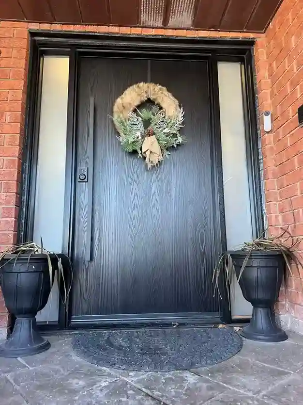 Charcoal Wood-Grain Entry Door with Dual Frosted Sidelights