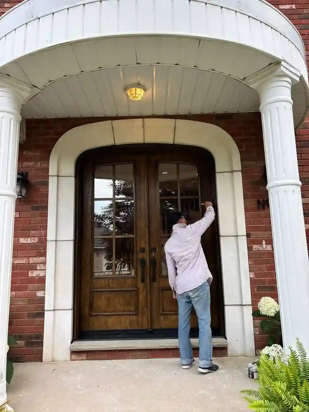 Custom Double Front Doors with Glass, Installation in Progress