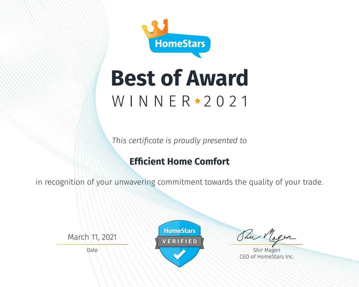 HomeStars Best of Award Winner 2021 Certificate