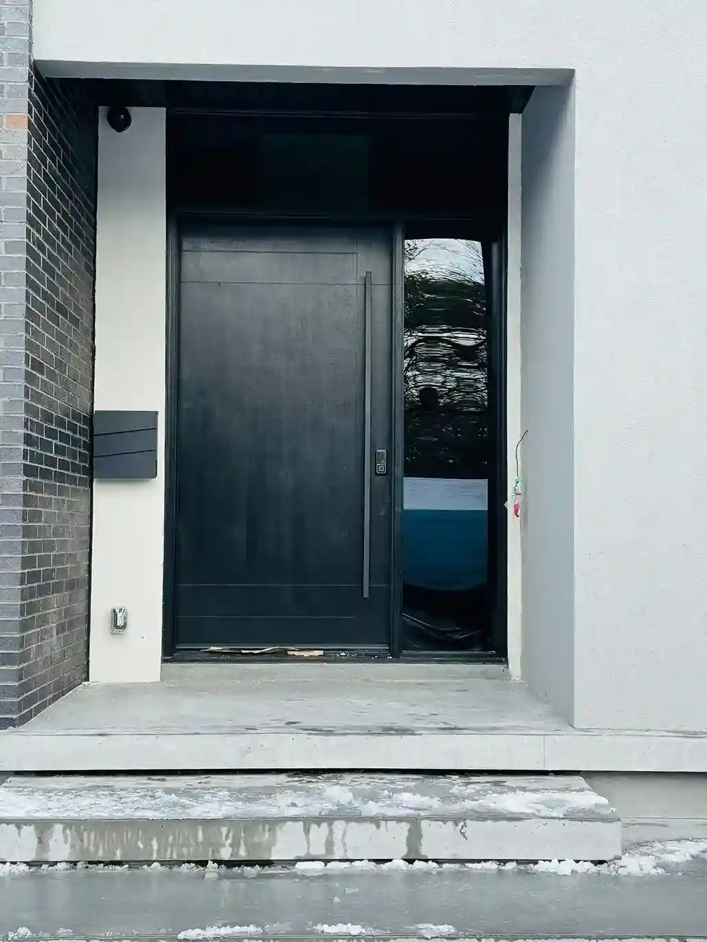 Minimalist Black Modern Entry Door with Sidelight and Transom