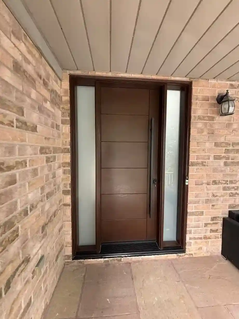 Modern Brown Flush Entry Door with Frosted Dual Sidelights