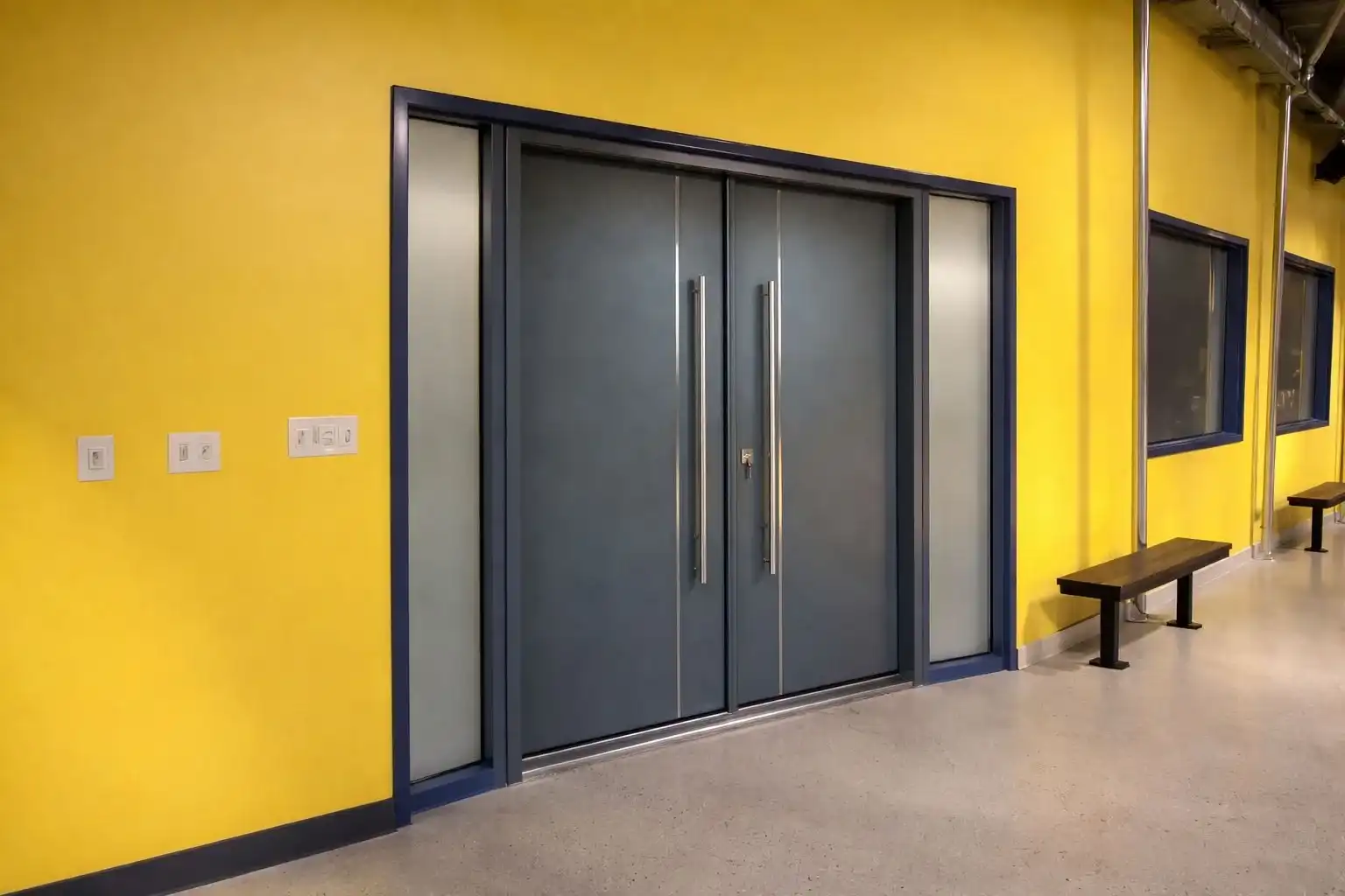 Modern Grey Double Entry Door with Frosted Glass Sidelights