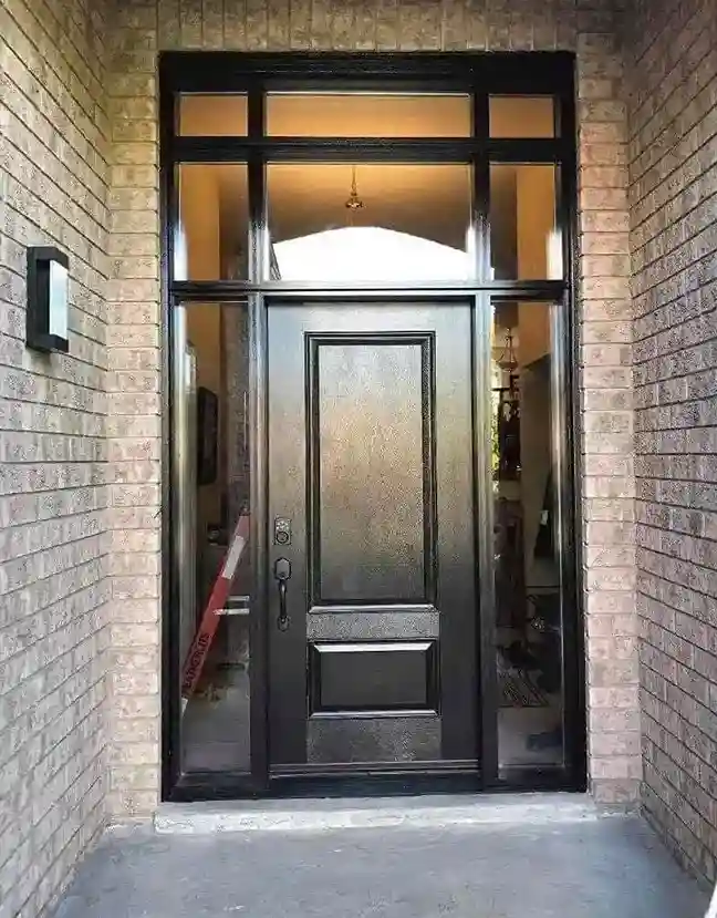 Traditional Black Paneled Entry Door with Sidelights and Transom