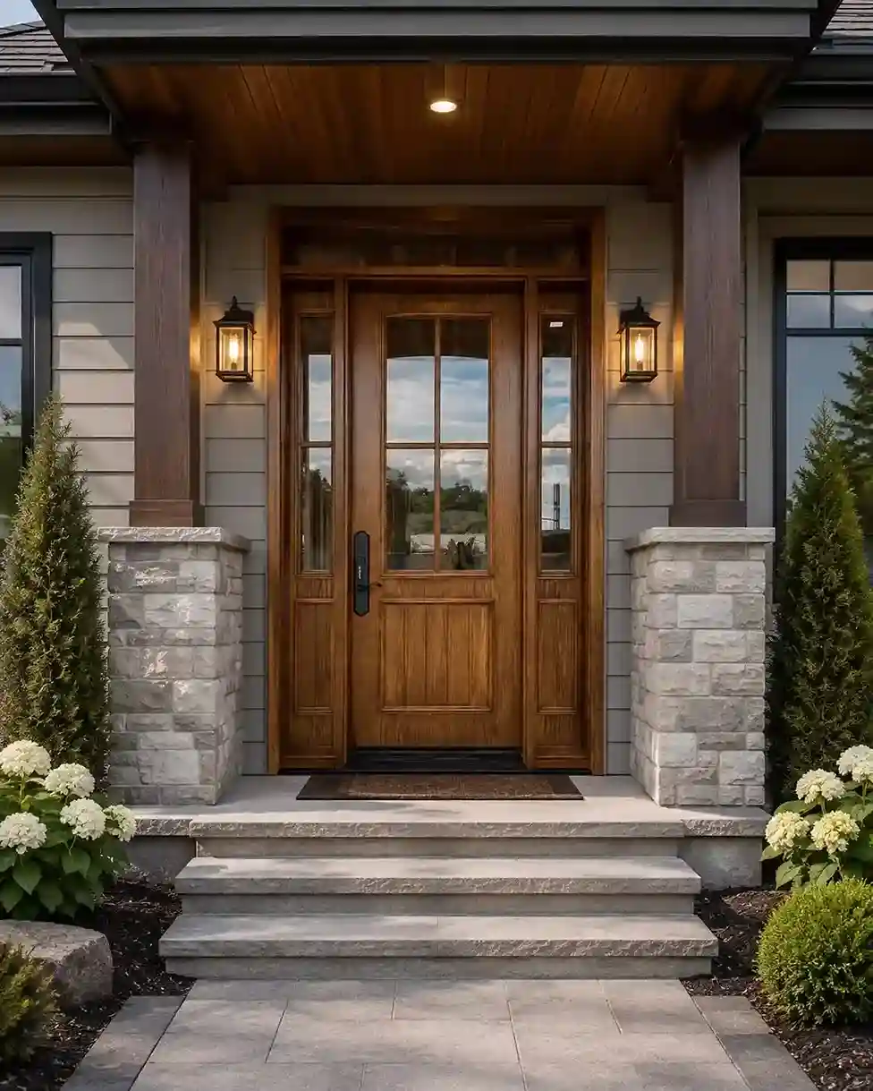 Wood-Tone Front Door with Sidelights, Craftsman-Style Home